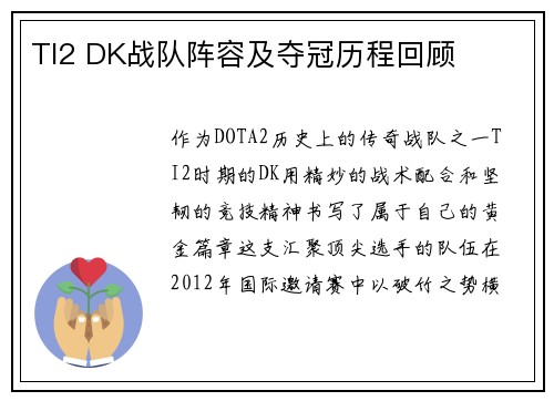 TI2 DK战队阵容及夺冠历程回顾